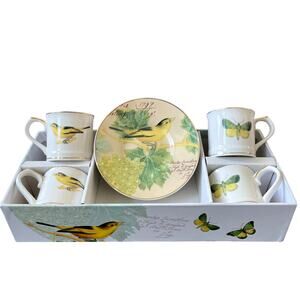 GRACE TEAWARE Porcelain Espresso Cups & Saucers Bird Butterfly Set of 4 NEW